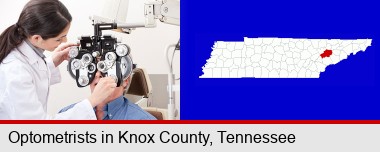 female optometrist performing a sight test; Knox County highlighted in red on a map