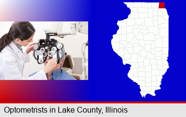 female optometrist performing a sight test; LaSalle County highlighted in red on a map