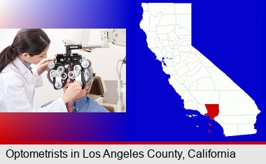 female optometrist performing a sight test; Los Angeles County highlighted in red on a map