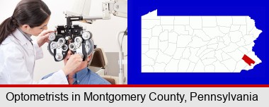 female optometrist performing a sight test; Montgomery County highlighted in red on a map