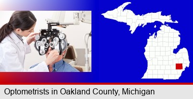 female optometrist performing a sight test; Oakland County highlighted in red on a map