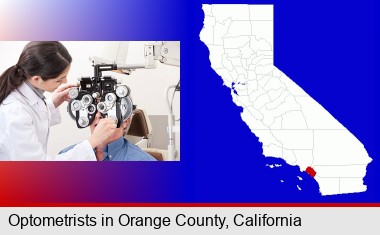 female optometrist performing a sight test; Orange County highlighted in red on a map