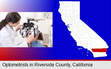 female optometrist performing a sight test; Riverside County highlighted in red on a map