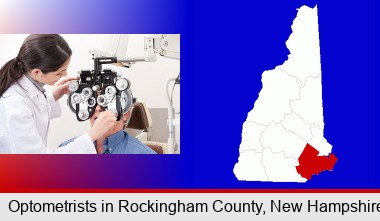 female optometrist performing a sight test; Rockingham County highlighted in red on a map