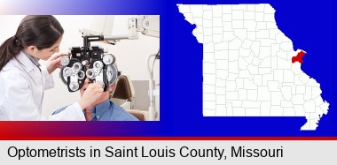female optometrist performing a sight test; St Francois County highlighted in red on a map
