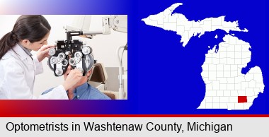 female optometrist performing a sight test; Washtenaw County highlighted in red on a map