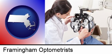 female optometrist performing a sight test in Framingham, MA