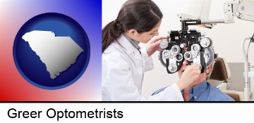 female optometrist performing a sight test in Greer, SC