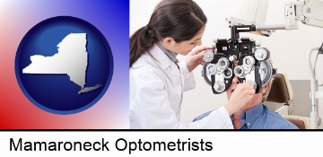 female optometrist performing a sight test in Mamaroneck, NY