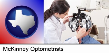 female optometrist performing a sight test in McKinney, TX