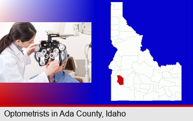 female optometrist performing a sight test; Ada County highlighted in red on a map
