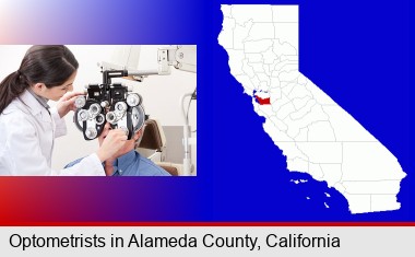 female optometrist performing a sight test; Alameda County highlighted in red on a map