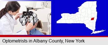 female optometrist performing a sight test; Albany County highlighted in red on a map