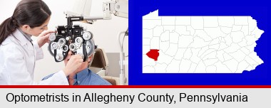 female optometrist performing a sight test; Allegheny County highlighted in red on a map