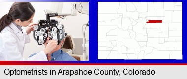 female optometrist performing a sight test; Arapahoe County highlighted in red on a map