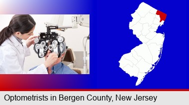 female optometrist performing a sight test; Bergen County highlighted in red on a map