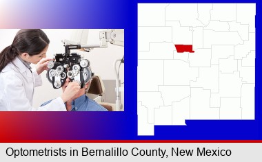 female optometrist performing a sight test; Bernalillo County highlighted in red on a map