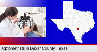female optometrist performing a sight test; Bexar County highlighted in red on a map