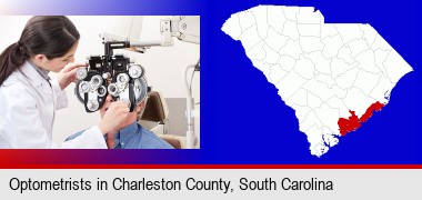 female optometrist performing a sight test; Charleston County highlighted in red on a map