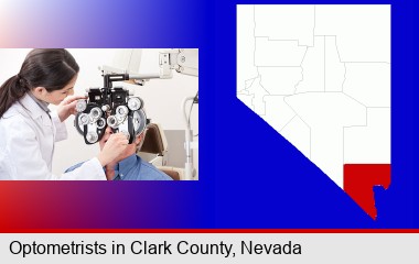 female optometrist performing a sight test; Clark County highlighted in red on a map