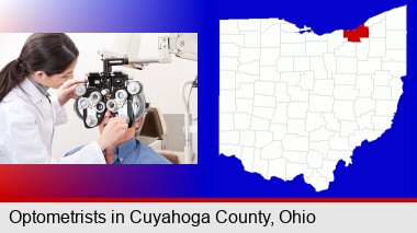 female optometrist performing a sight test; Cuyahoga County highlighted in red on a map