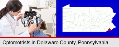 female optometrist performing a sight test; Delaware County highlighted in red on a map