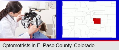 female optometrist performing a sight test; Elbert County highlighted in red on a map