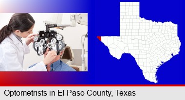 female optometrist performing a sight test; El Paso County highlighted in red on a map