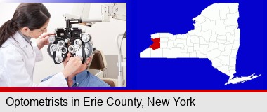 female optometrist performing a sight test; Erie County highlighted in red on a map