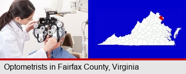 female optometrist performing a sight test; Fairfax County highlighted in red on a map