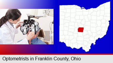 female optometrist performing a sight test; Franklin County highlighted in red on a map