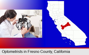 female optometrist performing a sight test; Fresno County highlighted in red on a map