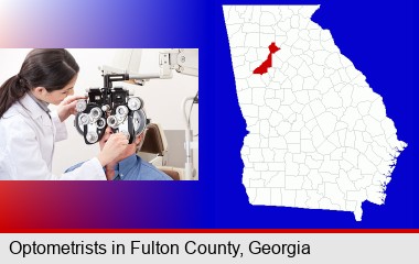 female optometrist performing a sight test; Fulton County highlighted in red on a map