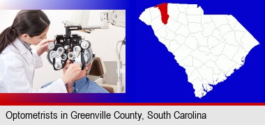 female optometrist performing a sight test; Greenville County highlighted in red on a map
