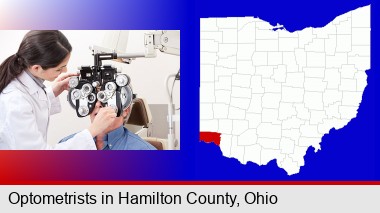 female optometrist performing a sight test; Hamilton County highlighted in red on a map