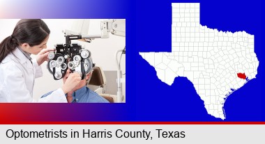 female optometrist performing a sight test; Harris County highlighted in red on a map