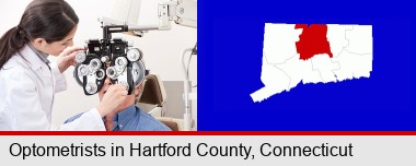 female optometrist performing a sight test; Hartford County highlighted in red on a map