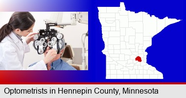 female optometrist performing a sight test; Hennepin County highlighted in red on a map