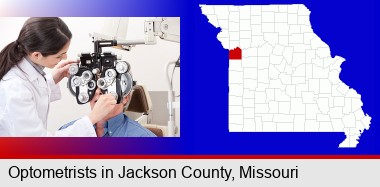 female optometrist performing a sight test; Jackson County highlighted in red on a map
