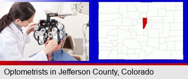 female optometrist performing a sight test; Jefferson County highlighted in red on a map
