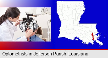 female optometrist performing a sight test; Jefferson Parish highlighted in red on a map