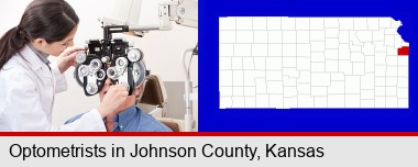 female optometrist performing a sight test; Johnson County highlighted in red on a map
