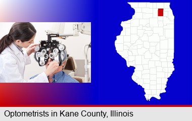 female optometrist performing a sight test; Kane County highlighted in red on a map