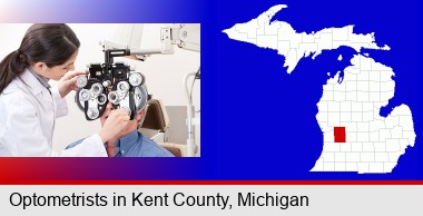female optometrist performing a sight test; Kent County highlighted in red on a map