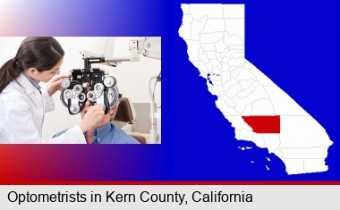 female optometrist performing a sight test; Kern County highlighted in red on a map