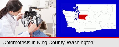 female optometrist performing a sight test; King County highlighted in red on a map