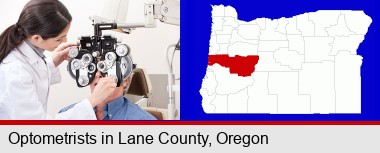 female optometrist performing a sight test; Lane County highlighted in red on a map