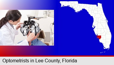 female optometrist performing a sight test; Lee County highlighted in red on a map