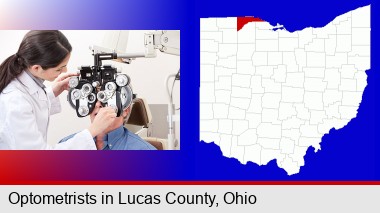 female optometrist performing a sight test; Lucas County highlighted in red on a map