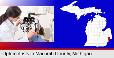 female optometrist performing a sight test; Macomb County highlighted in red on a map